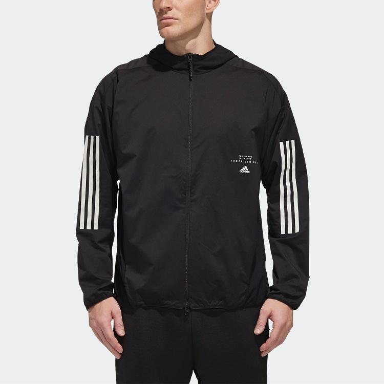 Men's Adidas Logo Stripe Printing Hooded Jacket Black FM5325