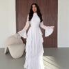 Otoño nuevo vestido largo de encaje elegante para mujer francesa mangas de cuerno mangas largas de encaje cintura