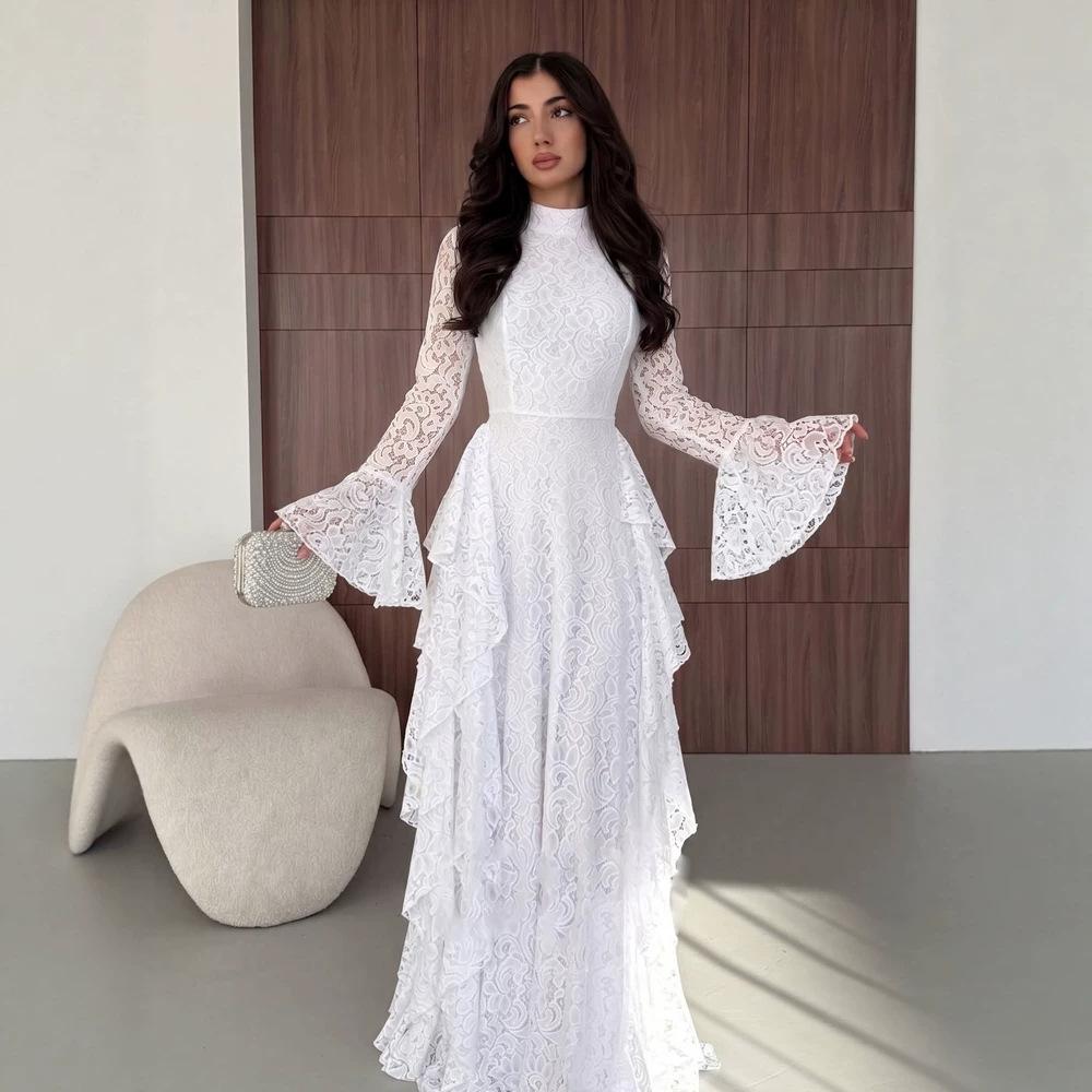 Otoño nuevo vestido largo de encaje elegante para mujer francesa mangas de cuerno mangas largas de encaje cintura