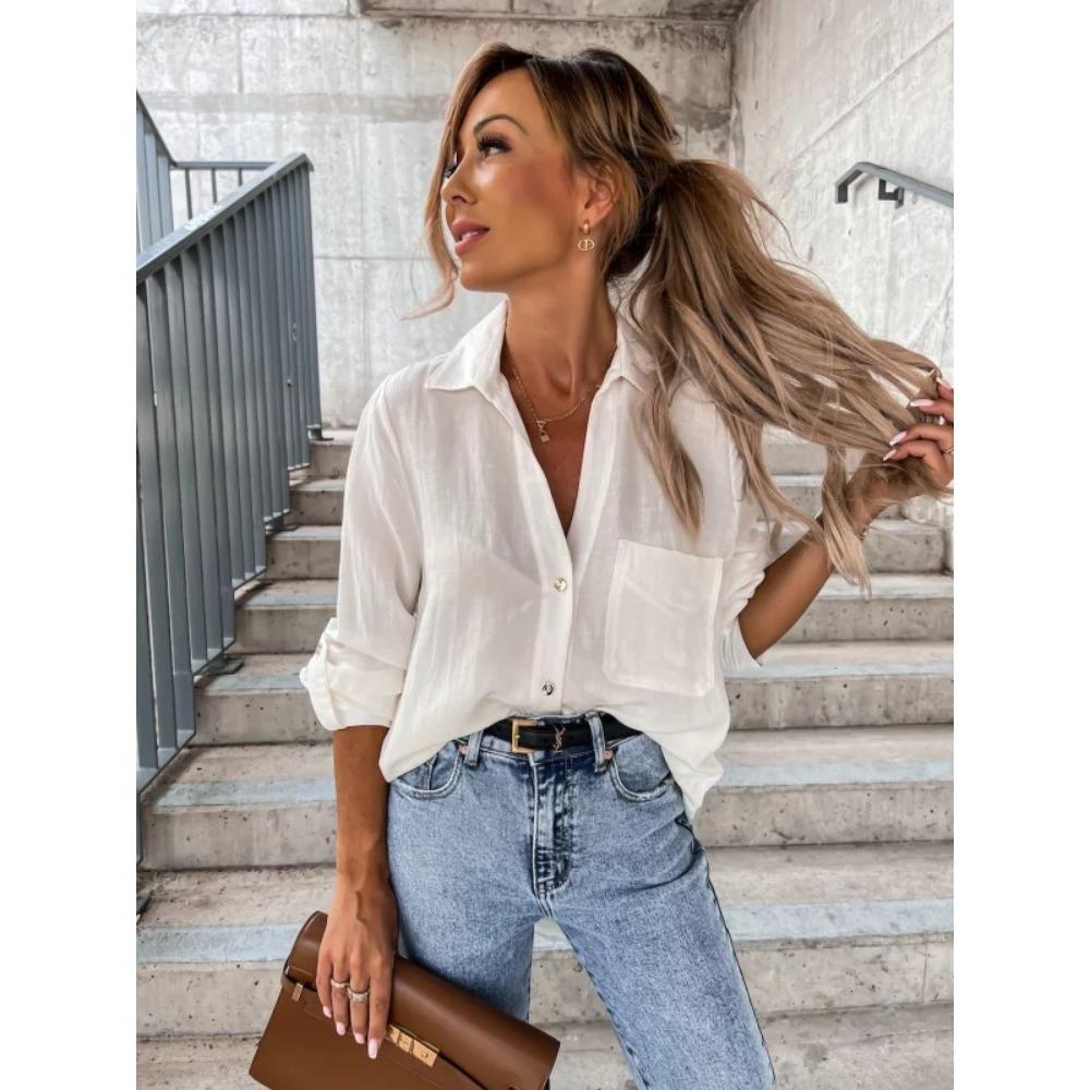 

HNXC Женские модные повседневные осенне-зимние однотонные блузки и рубашки с длинным рукавом с воротником-поло и принтом XL белый