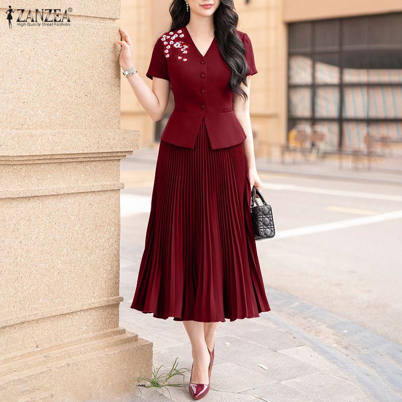 ZANZEA Women Short Sleeve Slim Blouse and Pleated Skirts Summer Two Piece Suit Sets
