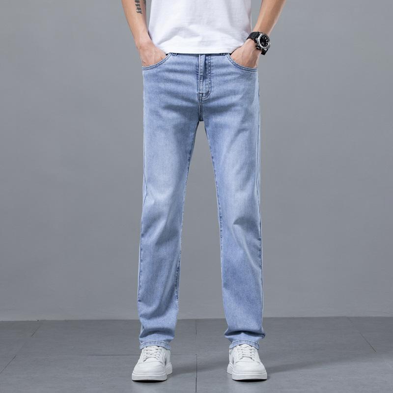 Summer Thin Washed Light Colored Jeans For Men With Stretch, Slim Fit, Straight Leg, Casual, Versatile, Slimming And Long Pants