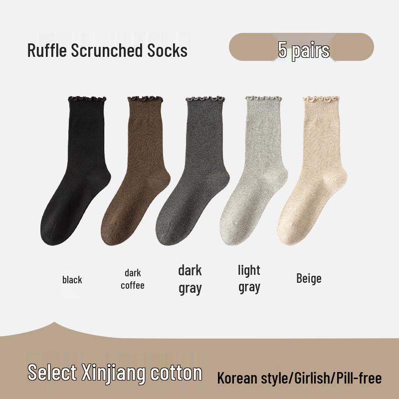 Women's Mid-Calf Lace Pile Socks - Korean Wood Ear Edge, Perfect for Loafers, Y2K Style