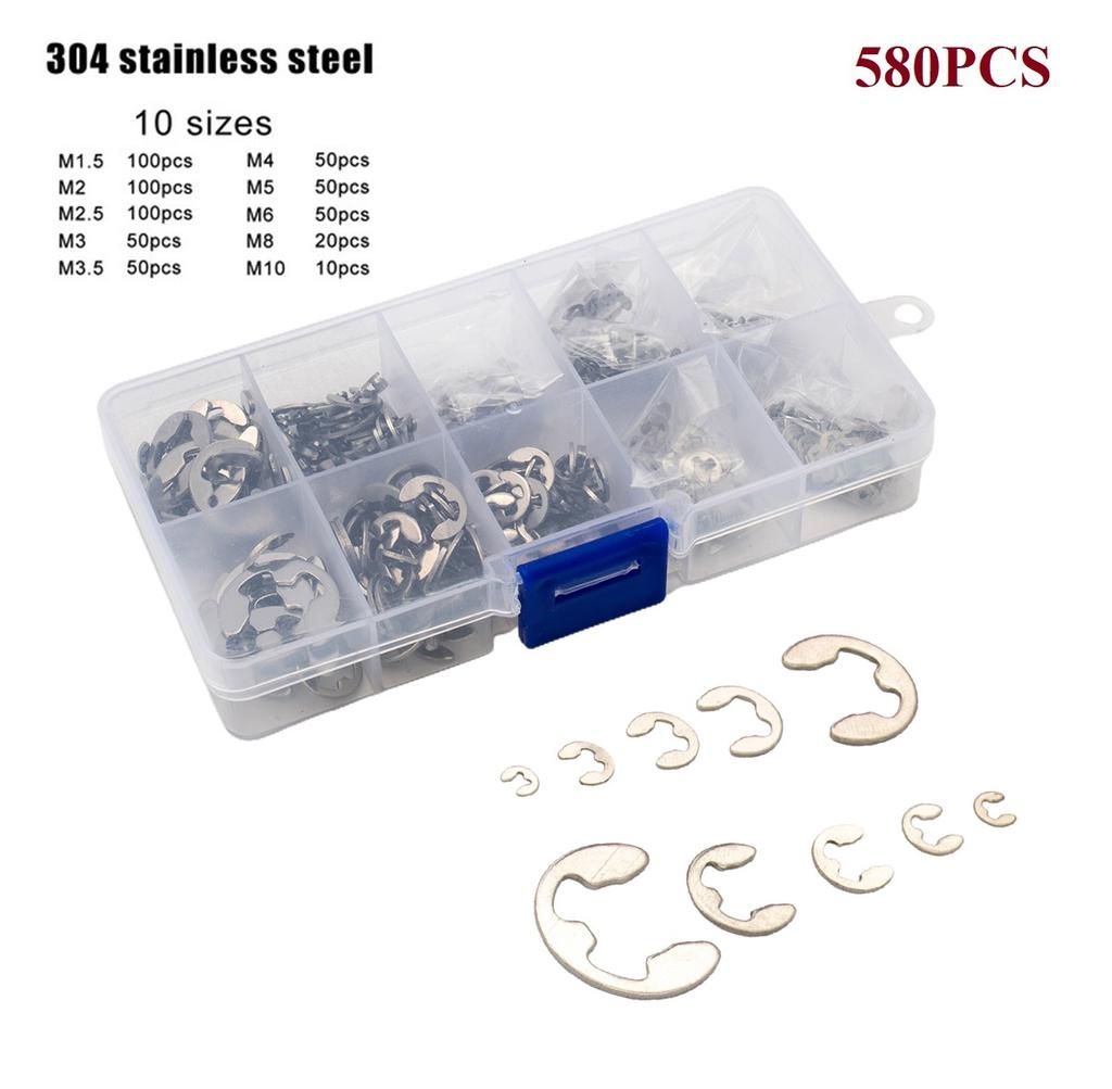 580pcs/set 10 Sizes 1.5-10mm Stainless Steel Shaft E Clip Snap Circlip Washer