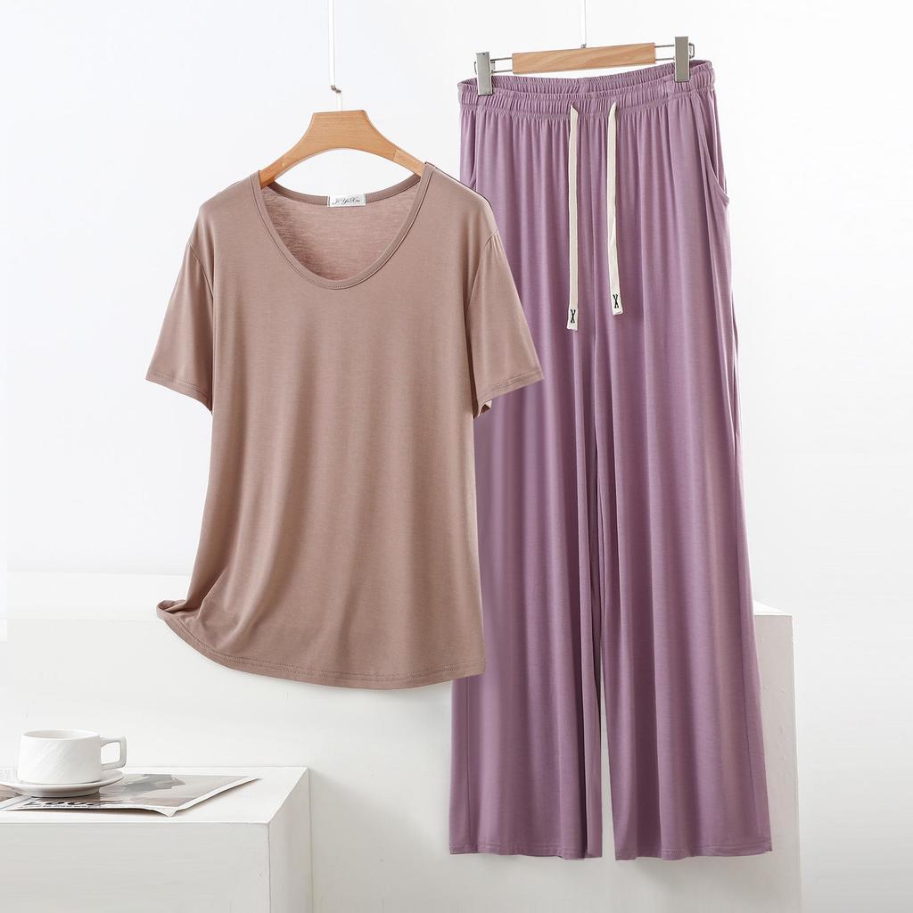 Set Pigiama Estivo da Donna in Modal - Manica Corta, Pantaloni Lunghi a Gamba Larga, Taglie Forti, Abbigliamento Casual e da Esterno