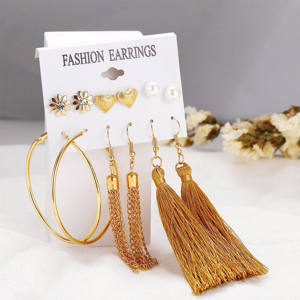 6 Pairs Women Fashion Love Shape Big Circle Tassel Ear Stud Set
