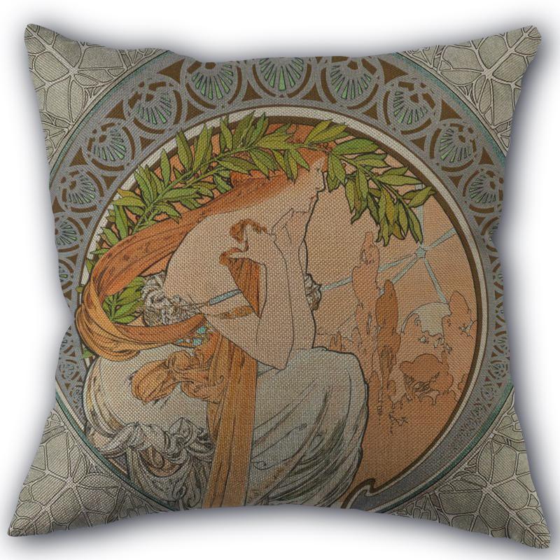 Custom Alphonse Mucha Art Pillowcase Cotton Linen Fabric Square Zipper Pillowcase 45X45 Wedding Decorative Pillow Cover