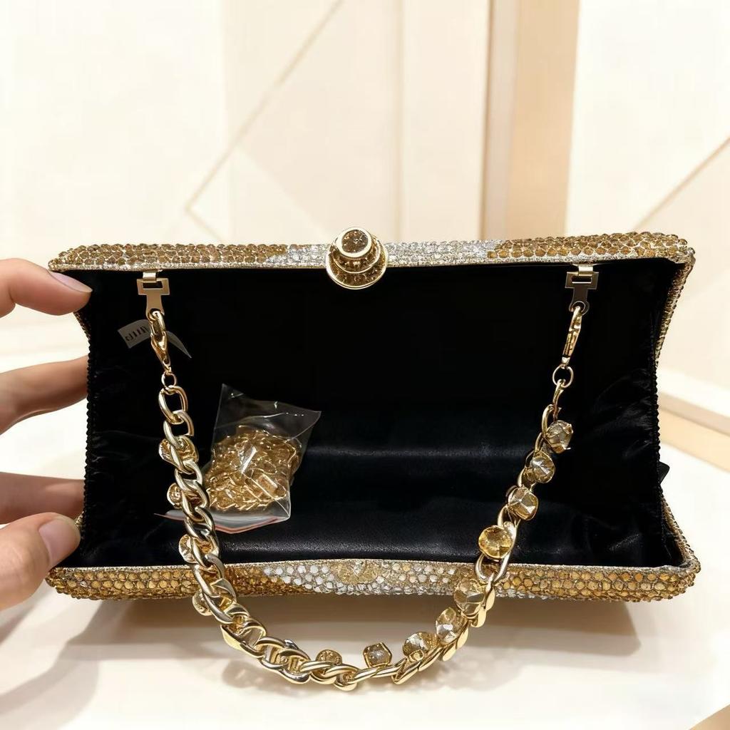 Dames Diner Tas Glanzend Volledig Diamant Horizontale Vierkante Clutch Tas Banket Licht Luxe High-End Avondtas