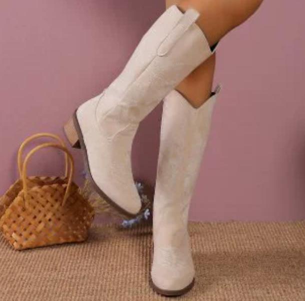 

Модные вышитые ковбойские сапоги для женщин, осенние сапоги с острым носком и толстым каблуком, высокие сапоги до колена, женские свободные длинные сапоги из искусственной кожи 43