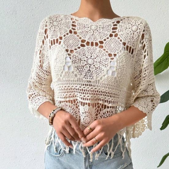 Cover Up Tops Loose Fit Round Neck Three-Quarter Sleeve Crochet Hollow Fabric Beach Cover Up Bohemian Tassel Hem Shirt