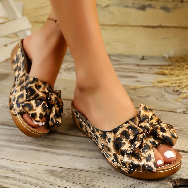Women'S Fashion Leopard Print Wedge Sandals with Polka Dot Bow Detail - Open Toe, Slip-On, Mid-Heel Platform, Casual Summer Style
