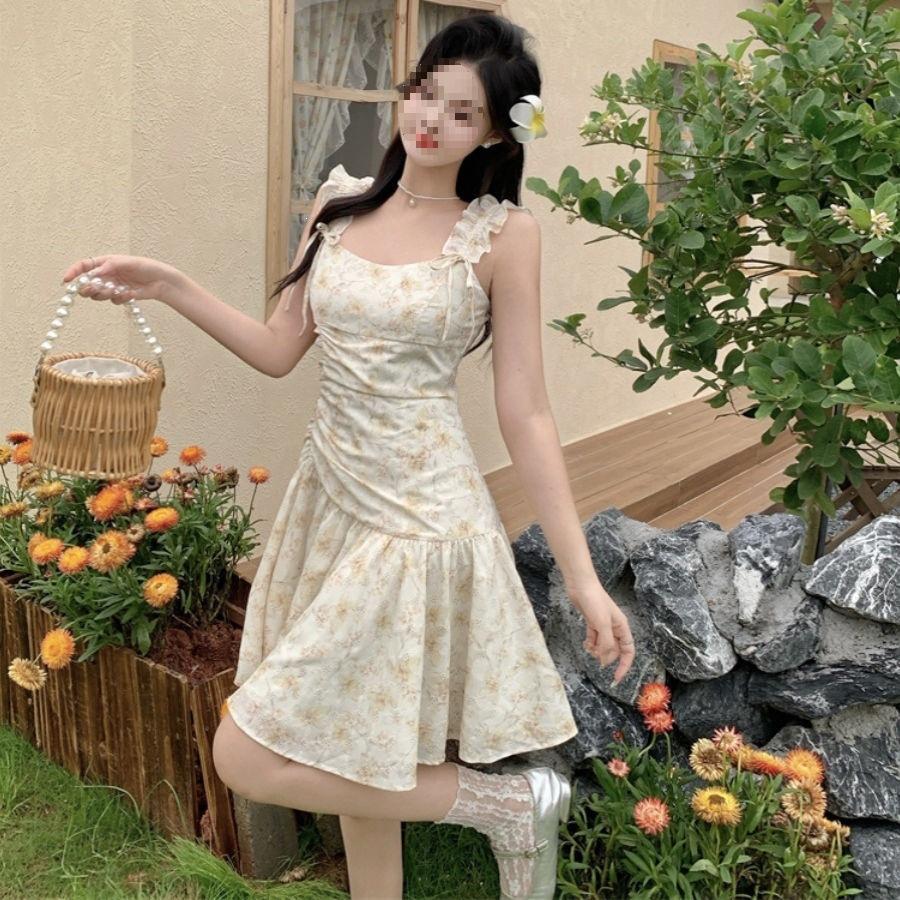 New summer French temperament fashion romantic bow small floral short suspender dress