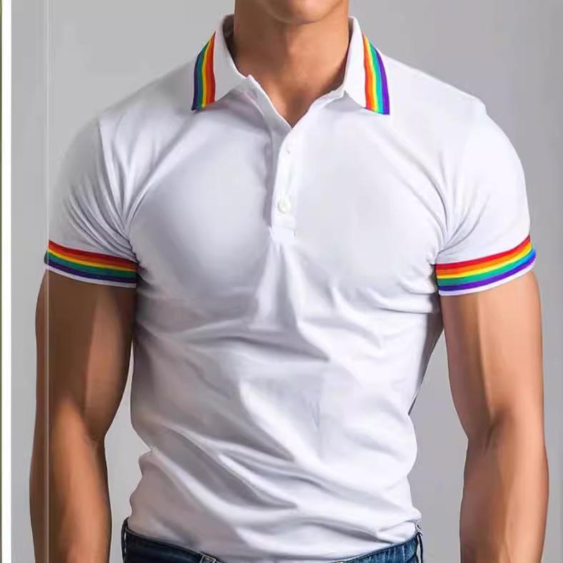 Pride-Inspired Short Sleeve Polo, Slim Fit with Rainbow Trim for Casual Wear