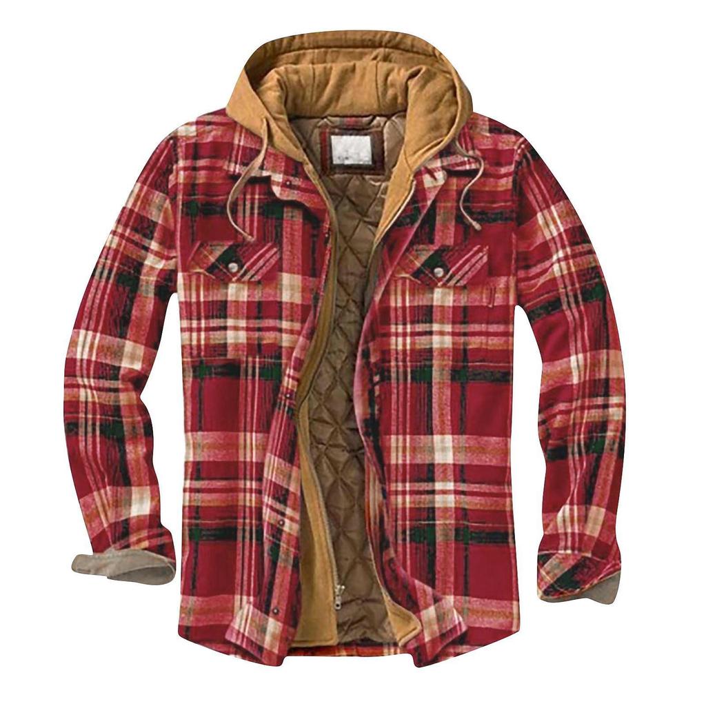 Men's Quilted Lined Button Down Plaid Shirt Add Velvet To Keep Warm Jacket With Hood