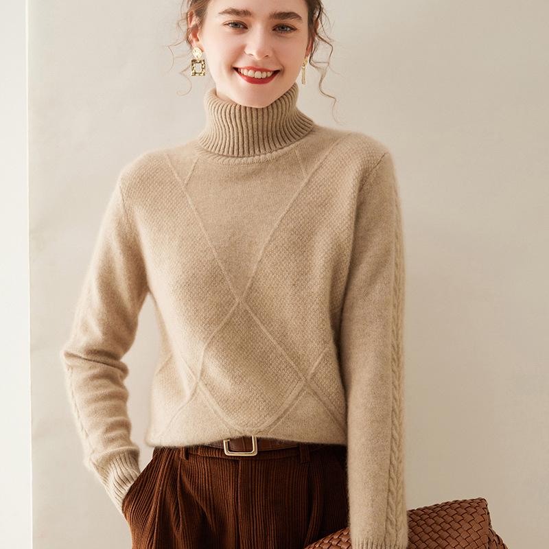 Women's Diamond Knit Cashmere Turtleneck Sweater - Thick, Stylish Base Layer for Autumn/Winter Outfits