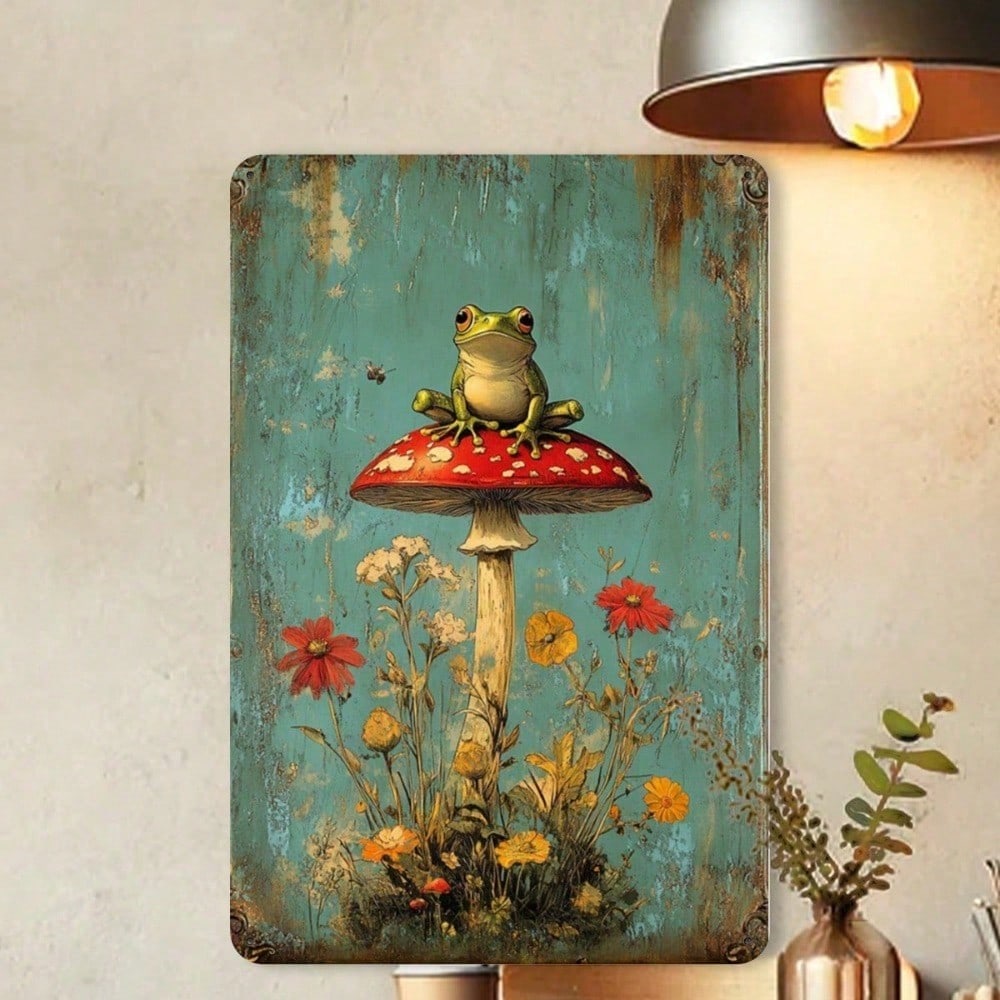 Frog Mushroom Vintage Metal Sign Funny Rainforest Decor Pre Drilled Holes Wall Art Home Garden Cafe