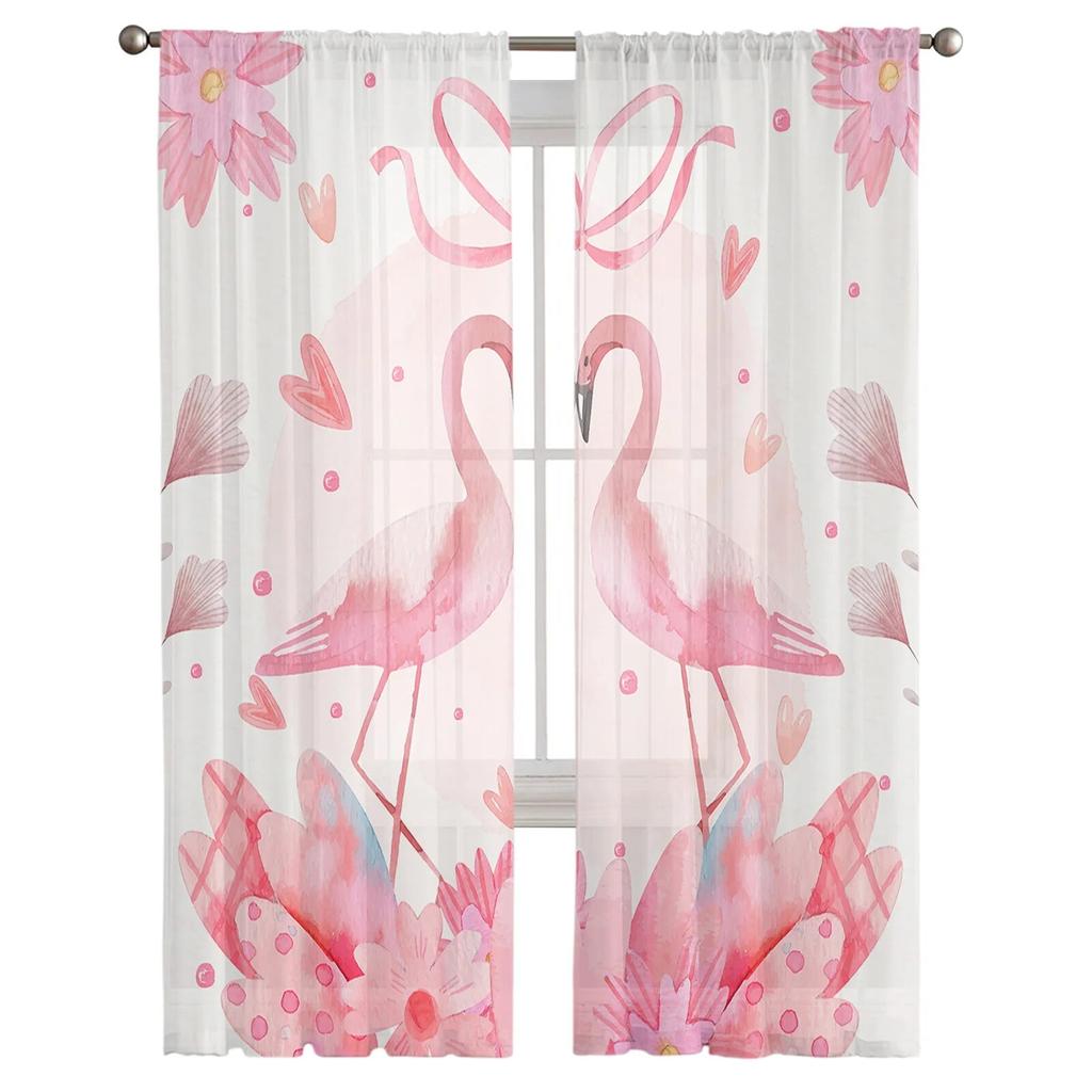 Valentine'S Day Love Flamingo Flowers Plants Sheer Curtains Living Room Bedroom Voile Window Curtain Tulle Drapes