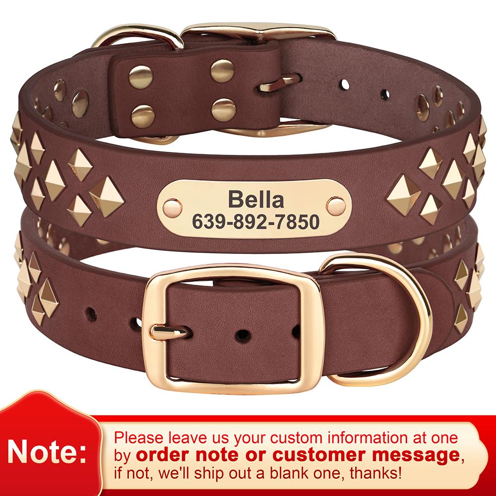 

Genuine Leather Dog Collar Personalized Dog ID Collars Necklace Spiked Studded Real Leather Pet Collars for Small Large Dogs Pug S коричневий