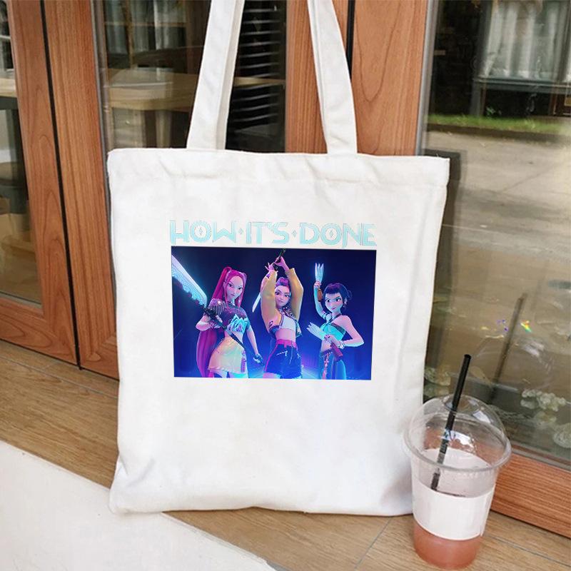 Cartoon K Pop Demon Hunters Women's Shoulder Pouch Fashion Canvas Bags Adorable Tote Bags Printed Handbag Shopping Bags Birth Date Gifts