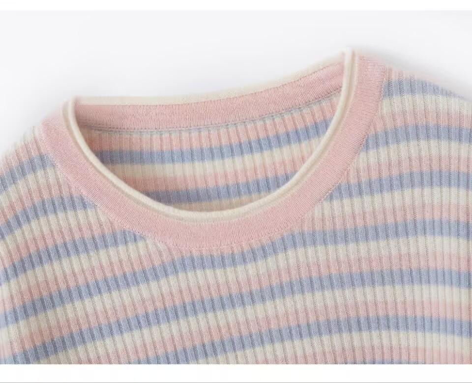 Women's 2025 Color-Block Striped Knit Sweater: Round Neck, Slim Fit, Warm Wool for Autumn/Winter