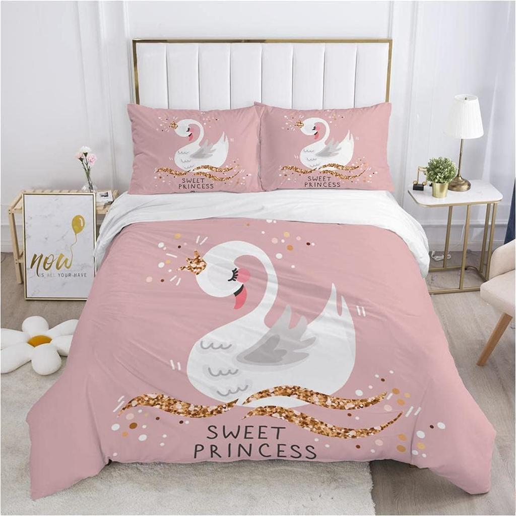 Beautiful Swan Duvet Cover Set With Pillow Cases, 3D Printed Wildlife Quilt Cover Comforter Covers For Boys Girls And Zipper