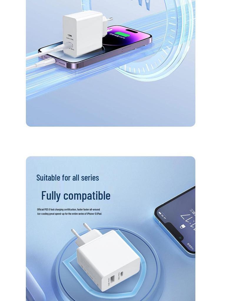 65W Gallium Nitride Dual-Port USB-C Fast Charger for Laptop & Phone