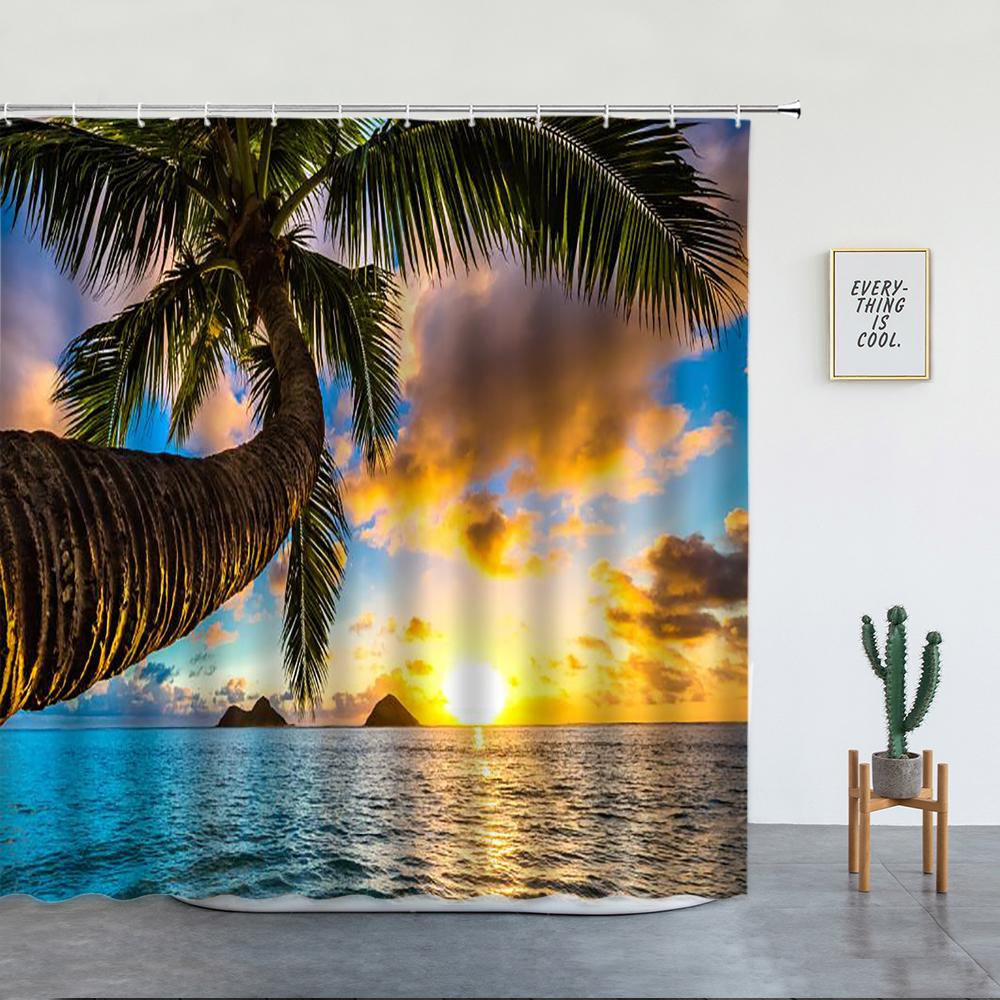Beach Palm Trees Shower Curtains Sunset Island Hawaii Ocean Natural Landscape Polyester Bathroom Decor Cloth Bathtub Curtain Set