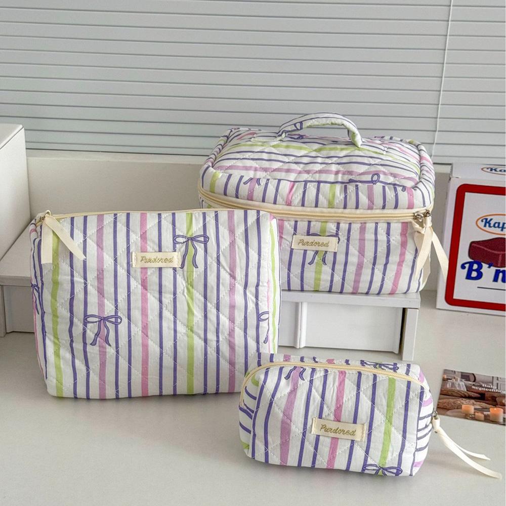 Personality Stripe Bowknot Women Cosmetic Bag Portable Simple Quilting Bag Pouch Travel Large Capacity Makeup Storage Handbag