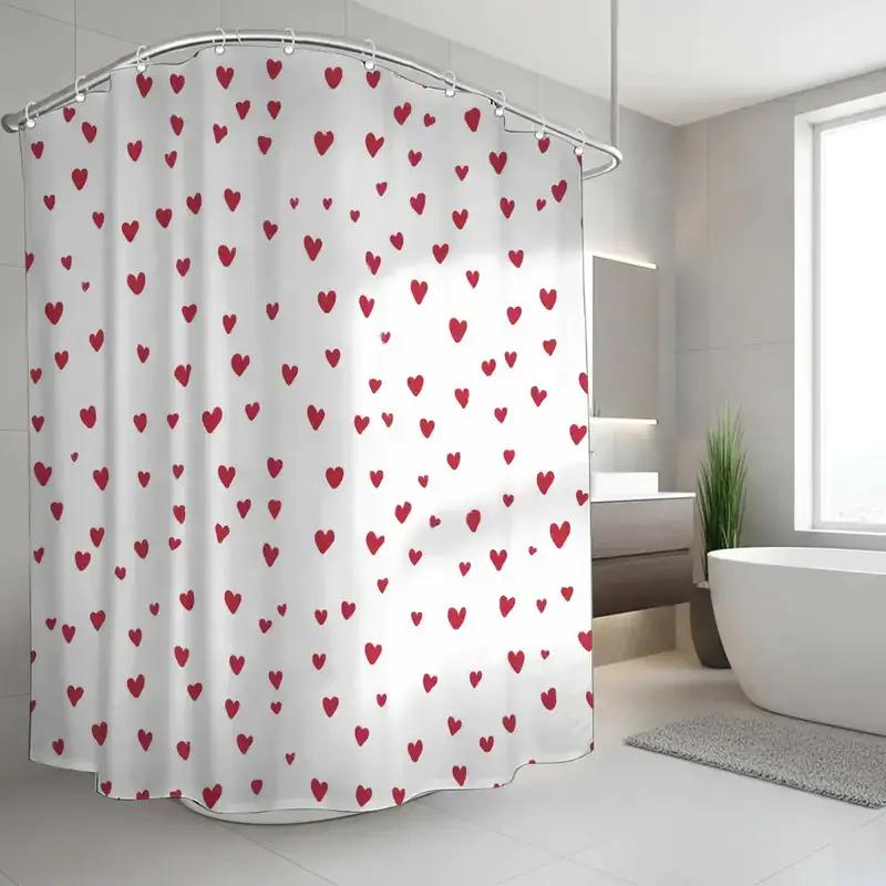 Jessica Chen Red/White Hearts Shower Curtain Background Cute Love Design Waterproof Bath Decor Elegant Romantic Bathroom Curtains