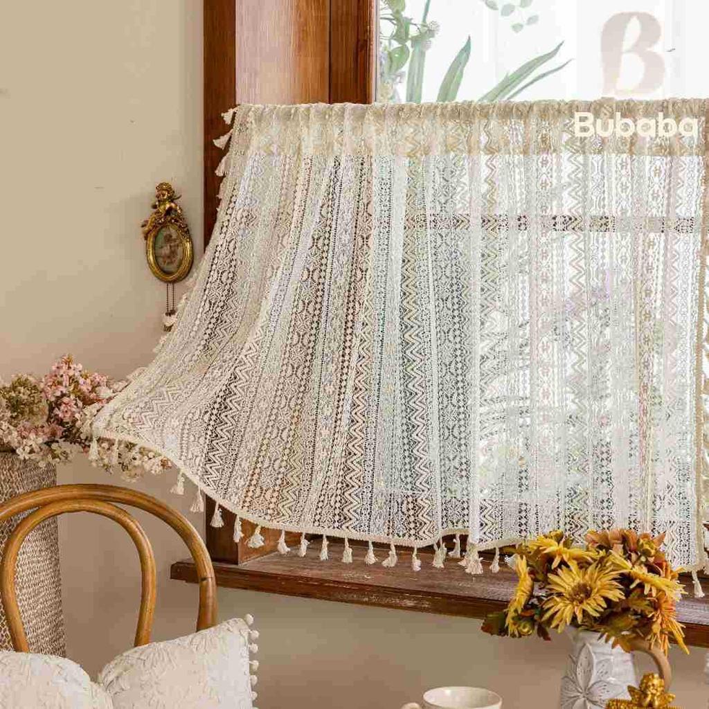Bu Baba American Hollow Tassel Gauze Curtain for Bedroom Bay Window or Door, Finished Short Curtain.