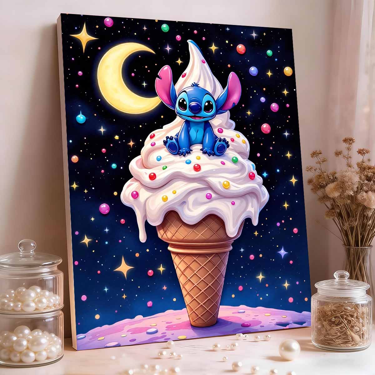 

Lilo and Stitch Ice Cream Cone Pearl Painting Kit Starry Sky and Moon Colored Candy Elements Handmade Frameless Craft Painting 35x45cm