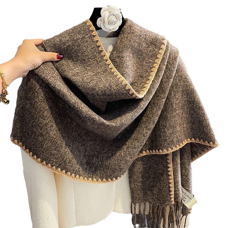 2024 Korean Style Women's Tassel Imitation Cashmere Shawl Scarf - Thick, Warm, Dual-Use, Perfect for Students and Christmas