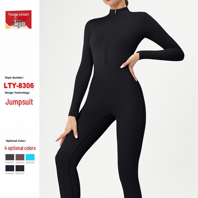 Nude Langarm Yoga-Jumpsuit mit Reißverschluss - High-Intensity Fitnessbekleidung