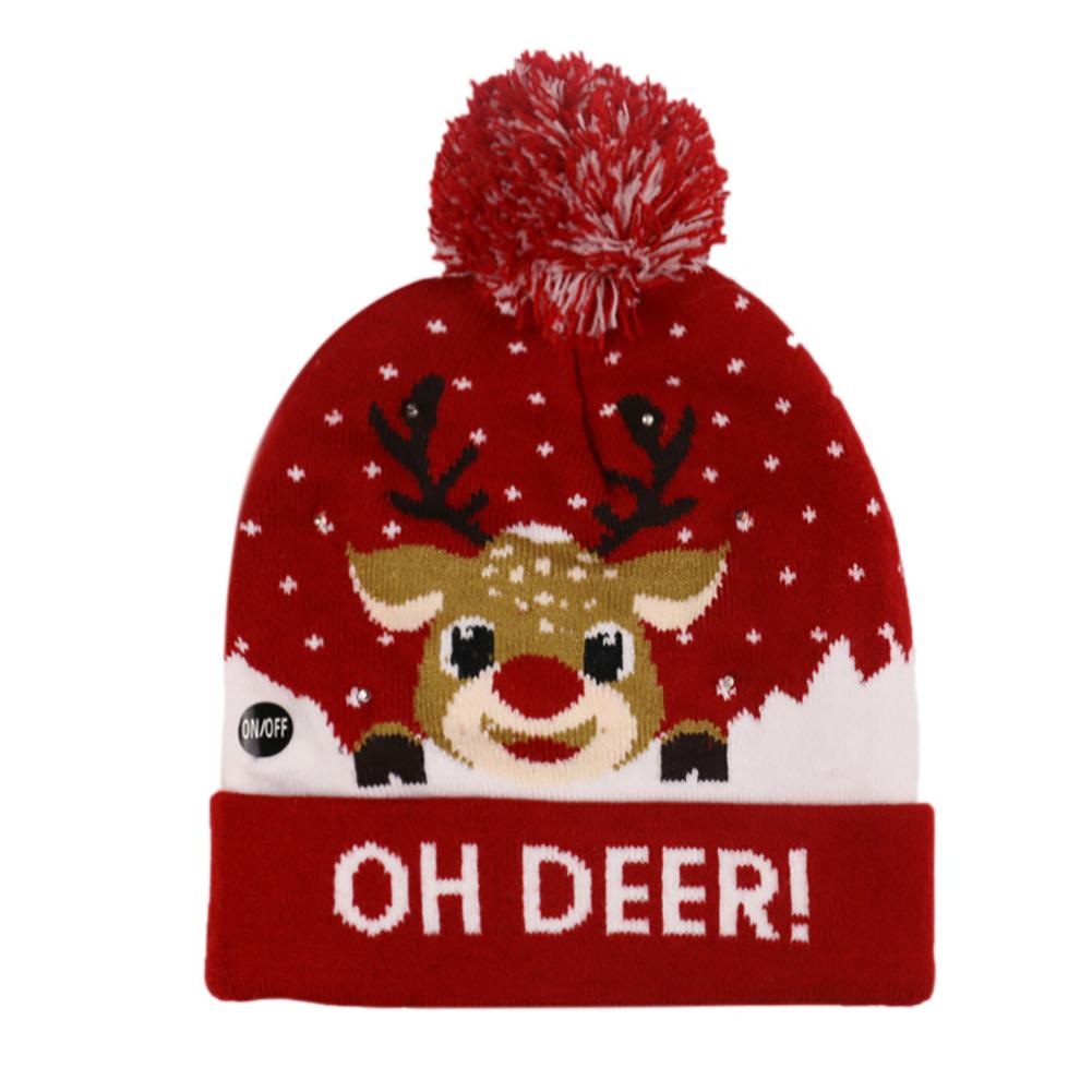 Christmas Knitting Hat Colorful LED Light Wool Ball Snowman Snowflake Elk X-mas Tree Beanies