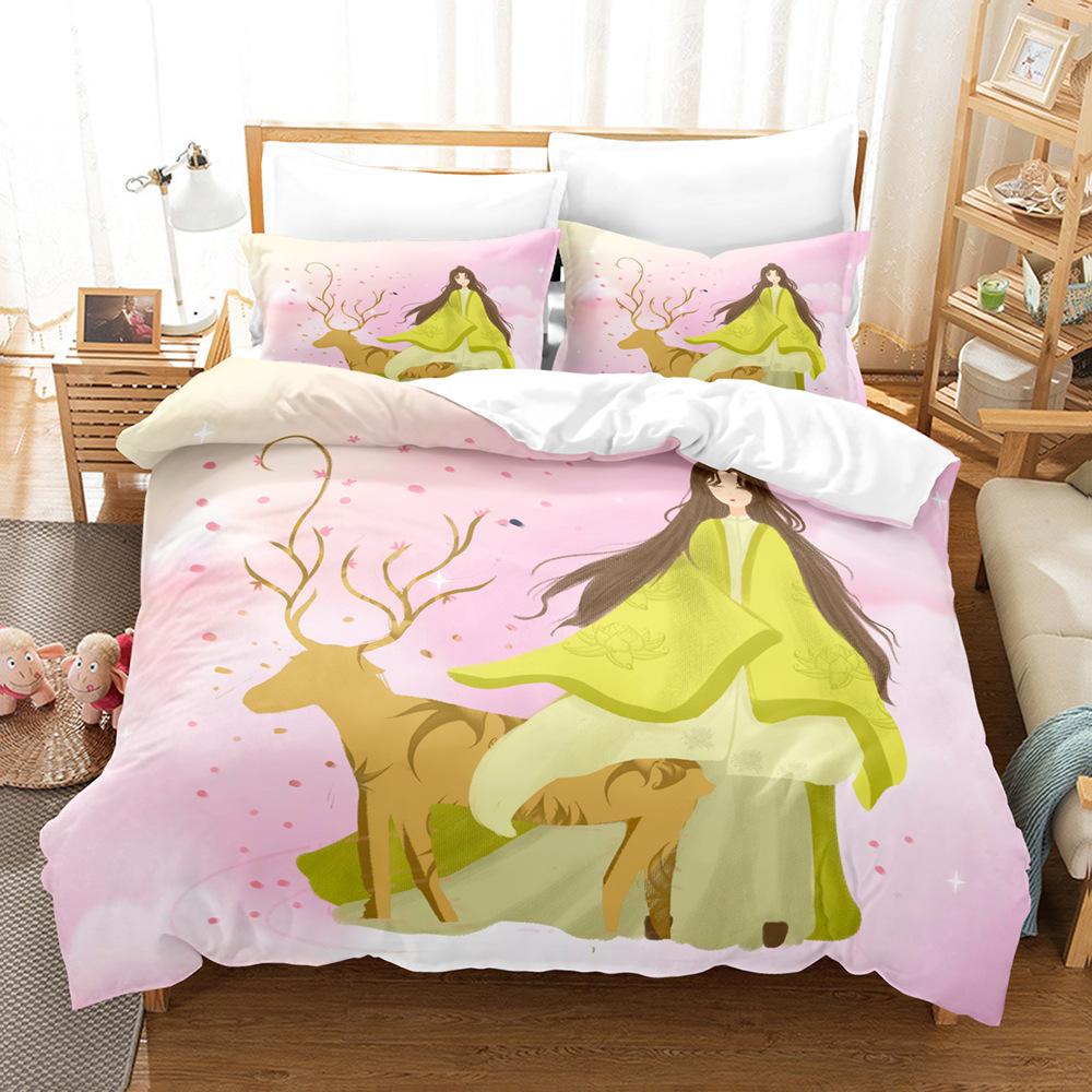 Elk Duvet Cover Set 3D Print Cartoon Elk Colourful Background Flowers Leaves King Size for Kids Boys Girl Polyester Bedding Set