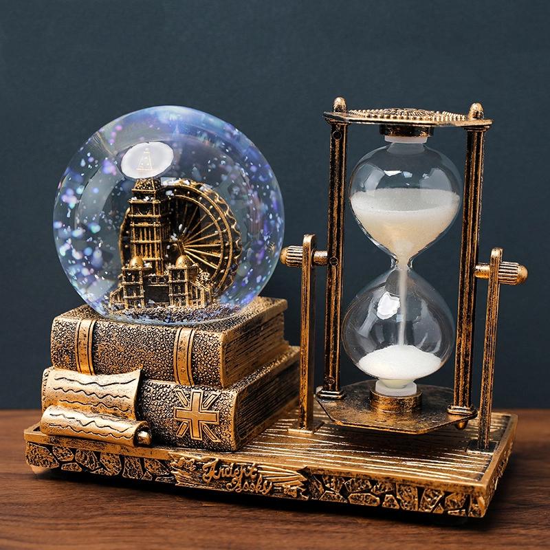 Vintage Eiffel Tower Hourglass Timer Crystal Ball Musical Box Illuminated Desk Decor 15 Minute Hourglass For Students Graduation Christmas Gift