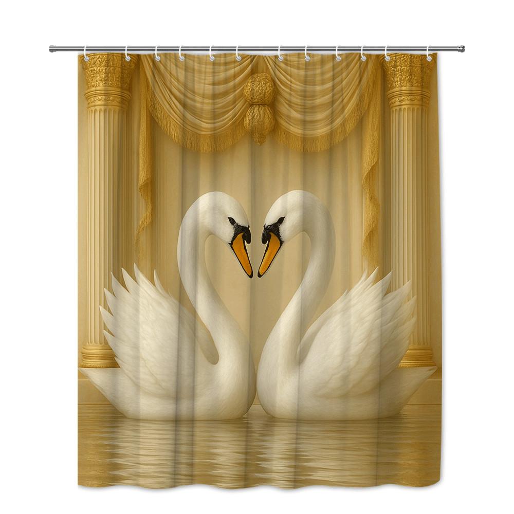 Love Swan Couple Shower Curtain Golden Palace Background Romantic Heart Shape Decor Waterproof Free Hooks Included Non-Toxic