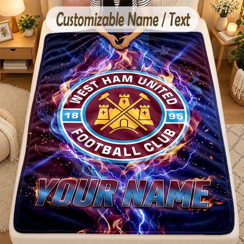 Flannel BlanketWest Ham United FC Custom Name Text Personalized Soft Warm Throw Blanket Home Decor Gift