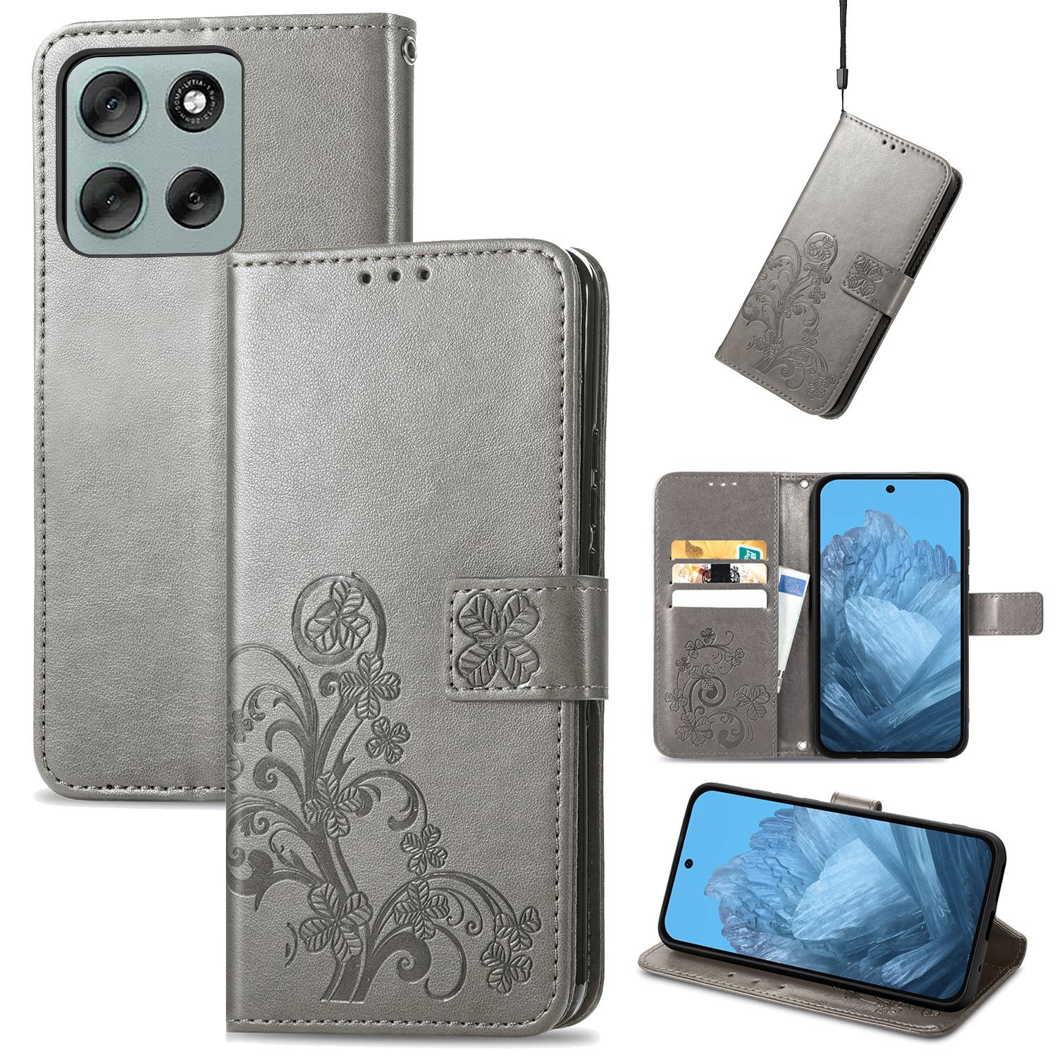 

For Motorola Moto G56 5G Leather Case Four-Leaf Clover Wallet Phone Cover Grey