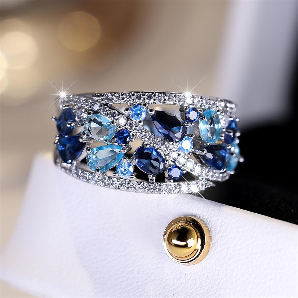 Royal Blue Crystal Water Drop Stone Ring Simulated Aquamarine Engagement Rings For Women Vintage CopperColor Wedding Party Band