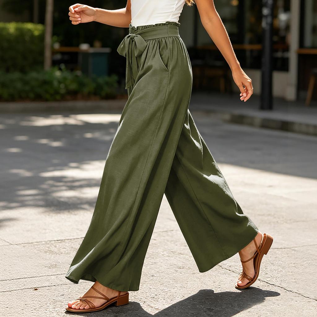 High Waist Wide Leg Palazzo Pants for Women with Belted Tie Elastic Waist Loose Fit Trousers for Casual or Office Wear