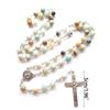 Natural Stone Beads Rosary Necklace Crucifix Cross Pendant Chain Catholic Religious Jewelry for Women Meditatin Gift