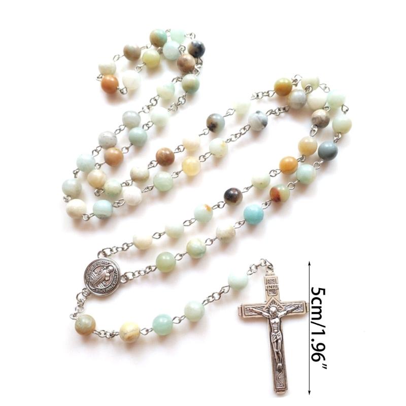 Natural Stone Beads Rosary Necklace Crucifix Cross Pendant Chain Catholic Religious Jewelry for Women Meditatin Gift