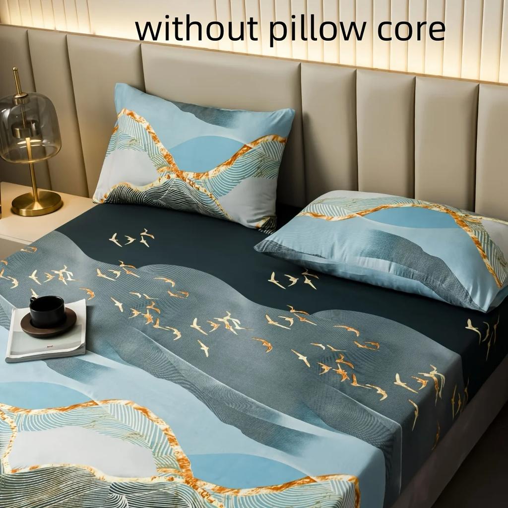 3pcs Fitted Sheet Set (Fitted Sheet*1+Pillowcase*2, No Core), Luxury Marble Flying Birds Printed Seasons Universal Bedding Set