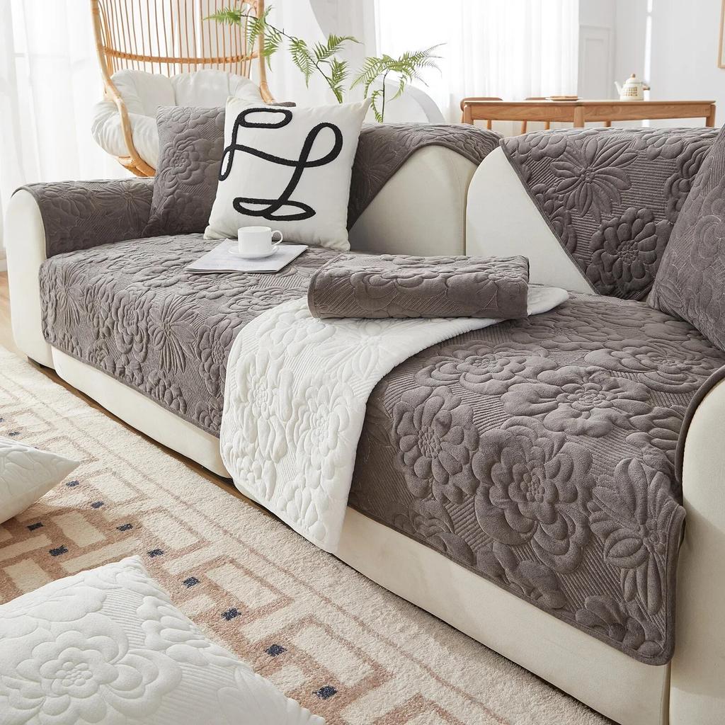New Pattern Plush Sofa Cushion Winter Solid Color Plush Seat Cushion Pastoral Style Anti Slip Sofa Towel Backrest Towel Sand
