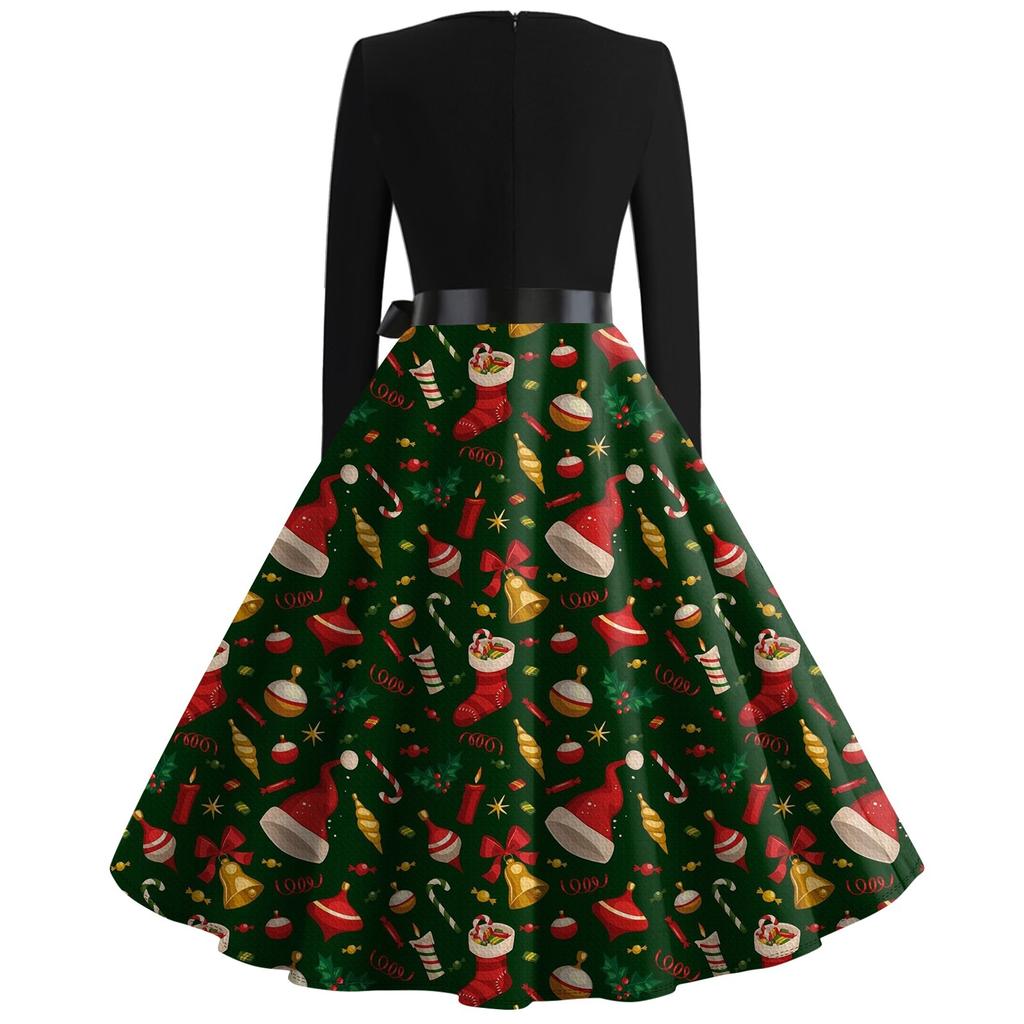 Christmas Print Flare Dress For Women Round Neck Long Sleeve Dress Casual Dresses