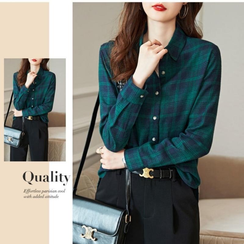 Women's Shirt New Spring Autumn Long Sleeve Single-breasted Polo-neck Casual Printing Plaid Office Lady Elegant Fashion Cardigan