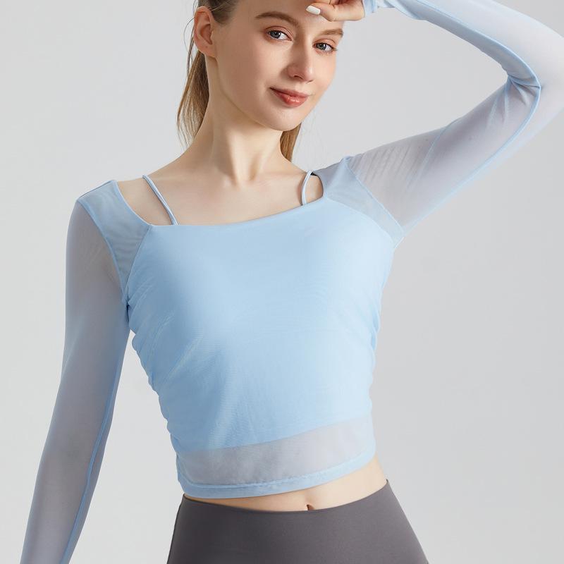 

LAHN Sport Slim Fit Mesh Long Sleeve Yoga Top with Pads - Breathable for Running and Fitness Large