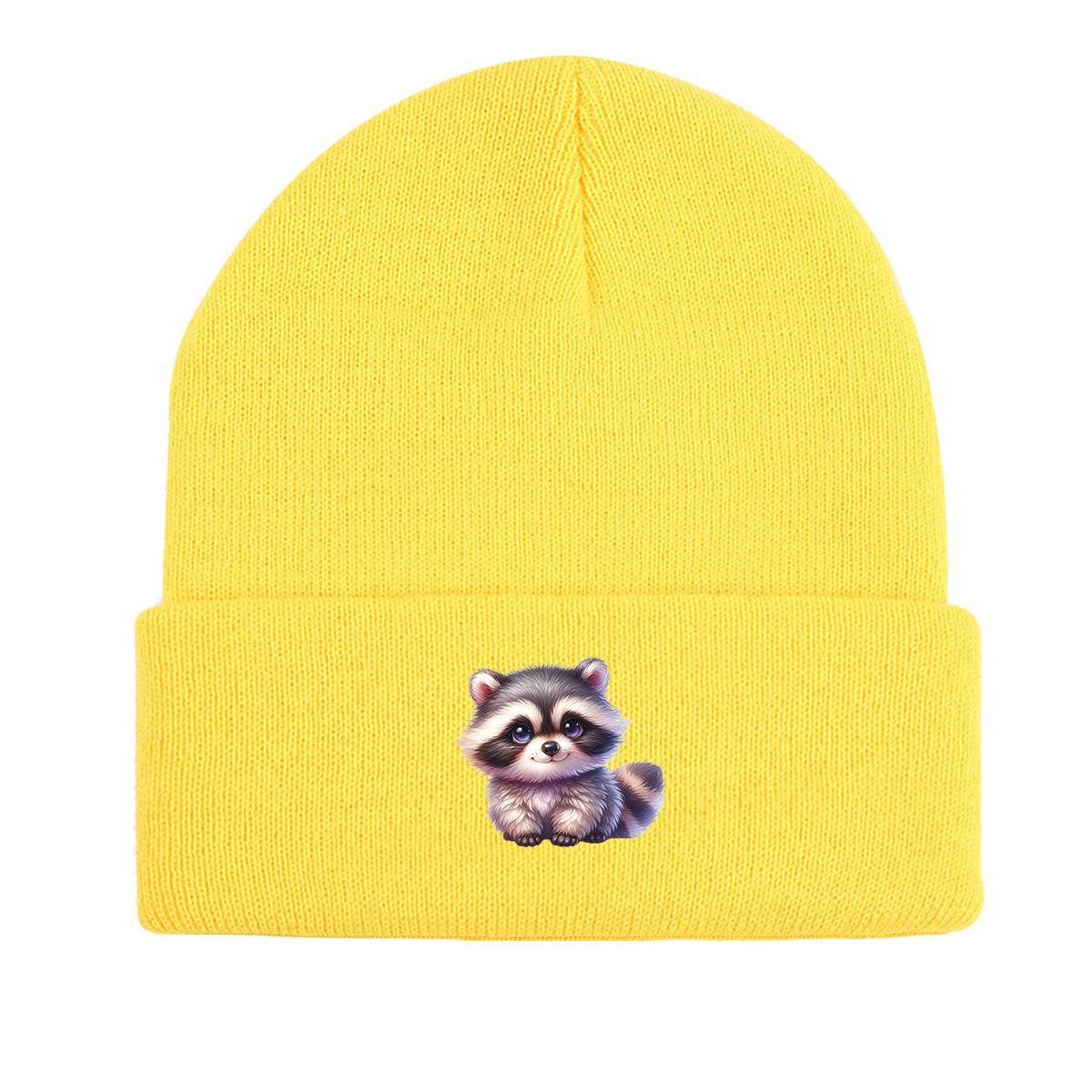 

Теплая вязаная шапка с изображением енота, шапки-бини с изображением животных, эластичные шапки-бини с помпоном в стиле хип-хоп, вязаная шапка-бини as the picture жёлтый