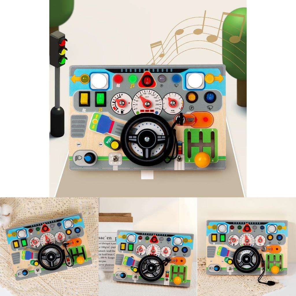 Wooden Childrens Simulated Steering Wheel Led Switch Busy Board Educational Toy For Early Learning